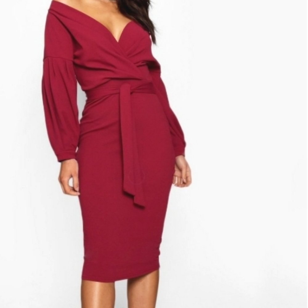 Off the Shoulder Wrap Midi Dress